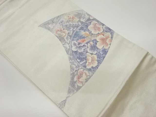 銀駒刺繍曲線に鳳凰・花々模様名古屋帯